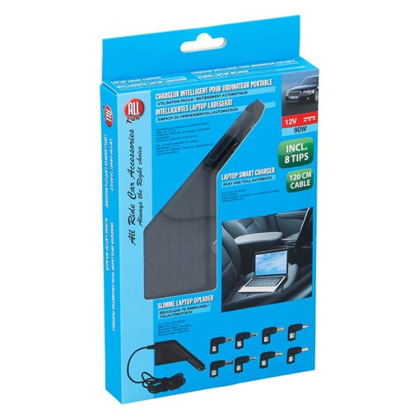 Oplader, Allride, smart, 12v, 90w, laptop, med 8 tips
