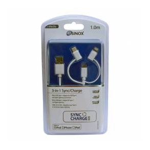 Sinox 3-i-1 ladekabel 1m hvid